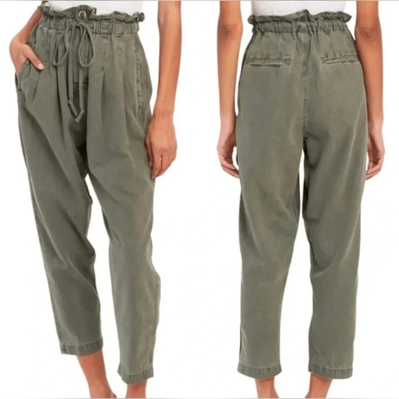 Free People Margate pleated paperbag waist Trouser Pant olive green large - Picture 7 of 8